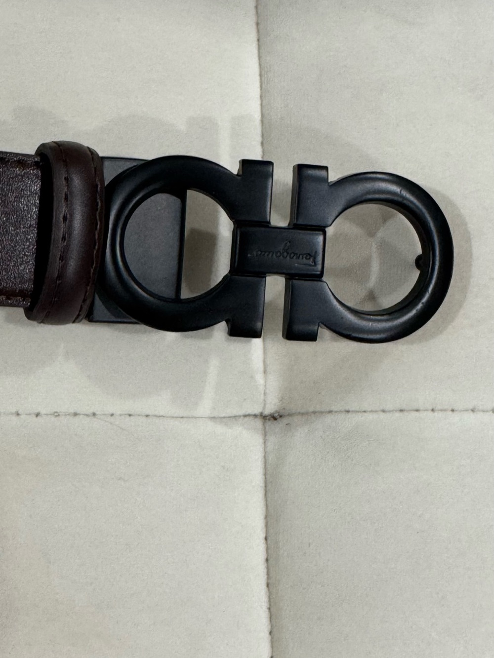 Salvatore Ferragamo Dark Brown Leather Belt with Black Double Gancini Buckle